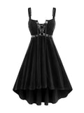 ROSE GAL Gothic Lace Up Grommets High Low Velvet Midi Dress（Black-215/2X）