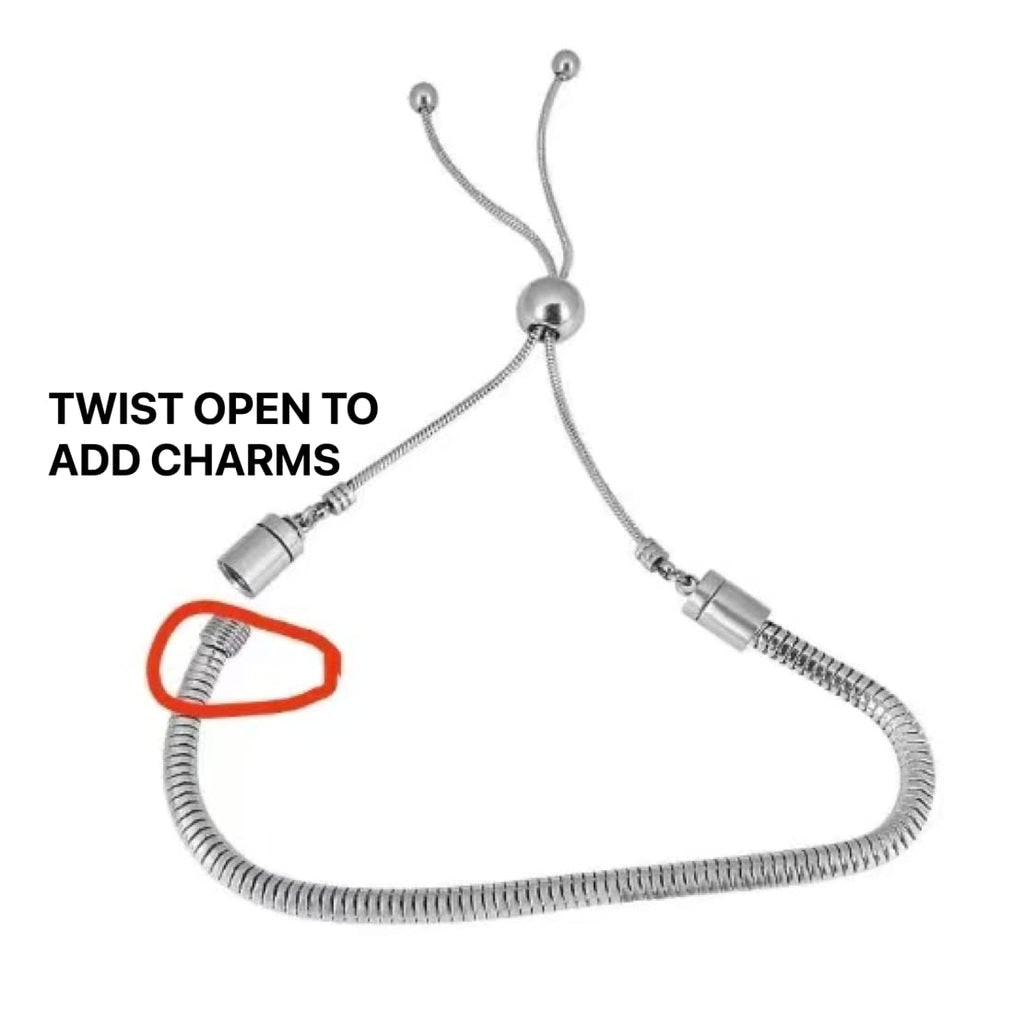 European Snake Chain Charm Bracelet - Adjustable Sliding Clasp Stainless Steel 3mm Premium Snake Chain, Compatible with Pandora Charms Beads & Pendants - Sliding Bracelet For Women & Men