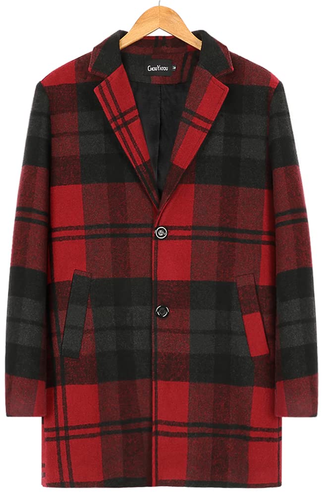chouyatou Men's Casual Notched Collar Plaid Single Breasted Wool Blend Formal Trench Top Coat (Wine Red-Plaid, Large)