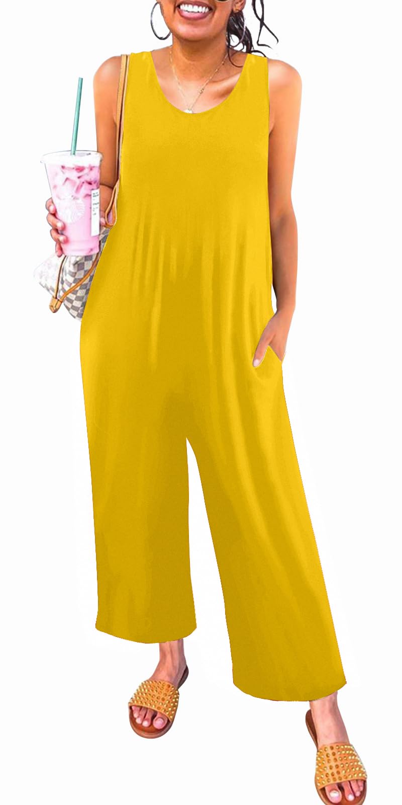 Nfsion Women's Summer Casual Loose Tank Jumpsuit Sleeveless Crewneck Long Pants Jumpsuit Romper with Pockets Large Yellow