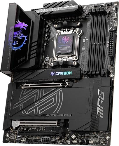 MSI MPG X870E Carbon WiFi Gaming Motherboard (AMD Ryzen 9000/8000/7000 Series Processors, AM5, DDR5, PCIe 5.0, M.2 Gen5, SATA 6Gb/s, USB 40Gbps, HDMI, Wi-Fi 7, Bluetooth 5.4, 5Gbps LAN, ATX)