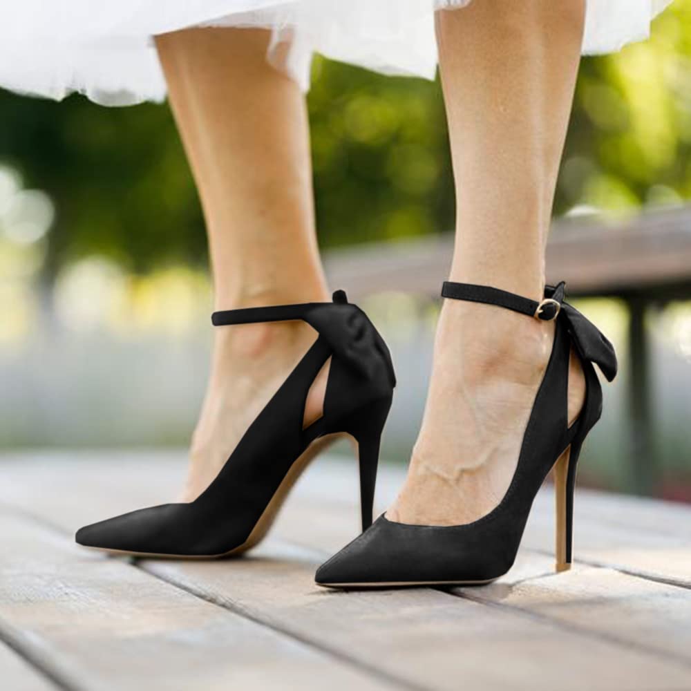 Fashare Womens High Heels Pointed Toe Bowtie Back Ankle Buckle Strap Wedding Evening Party Dress Pumps Shoes A-Black