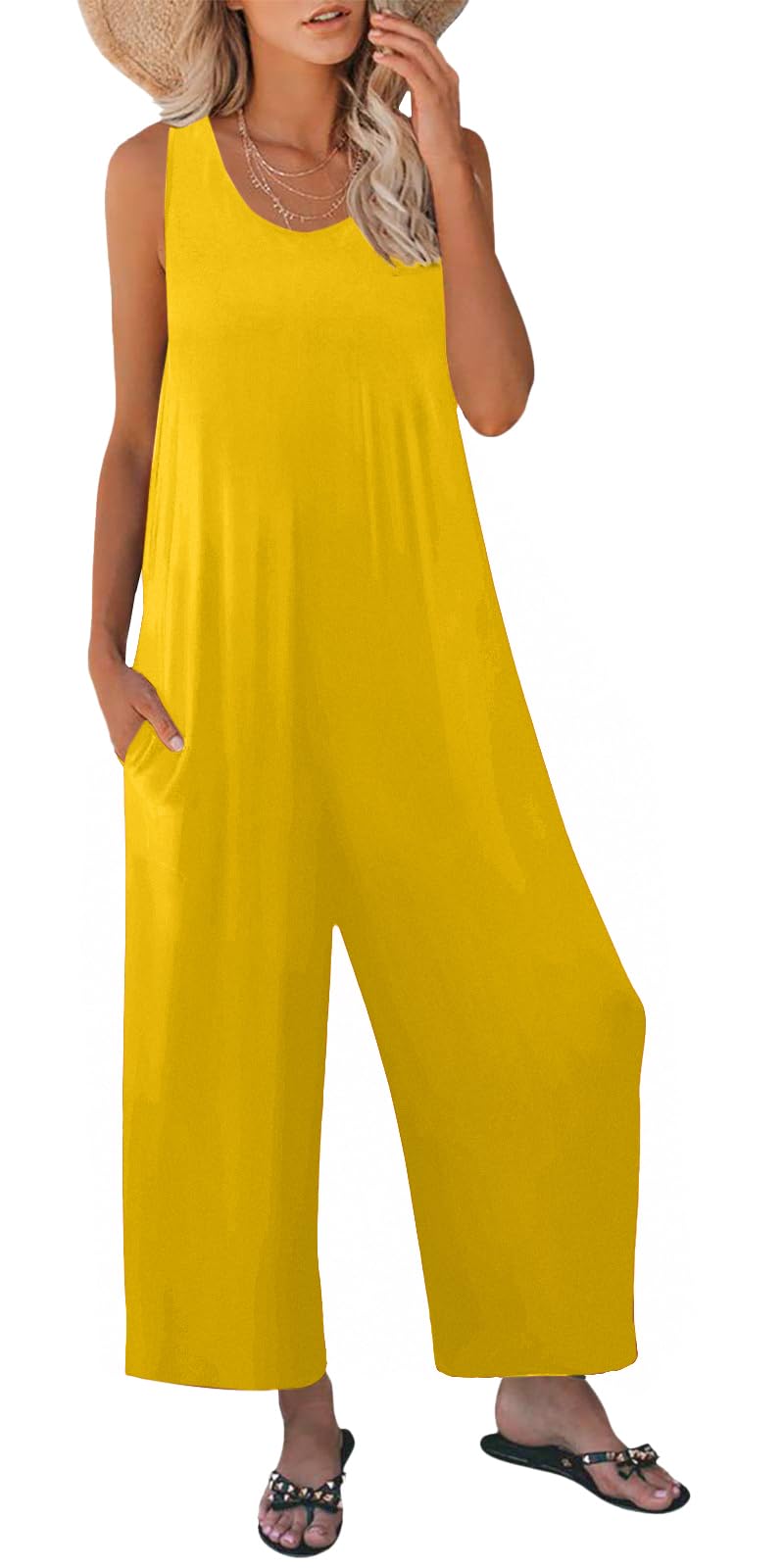 Nfsion Women's Summer Casual Loose Tank Jumpsuit Sleeveless Crewneck Long Pants Jumpsuit Romper with Pockets Large Yellow