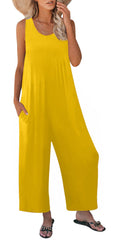 Nfsion Women's Summer Casual Loose Tank Jumpsuit Sleeveless Crewneck Long Pants Jumpsuit Romper with Pockets Large Yellow