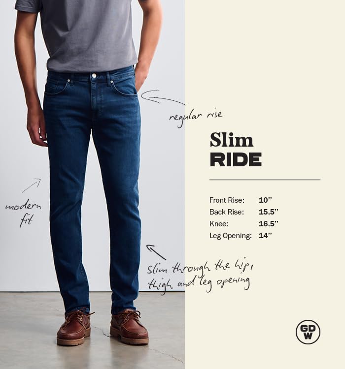 General Denim Works Ride Men's Regular Rise Slim Leg Jeans, Dark Brushed Denim, 34x30