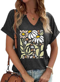 PUCKOLITY Vintage Flower V Neck Shirts Women Boho Floral Wildflowers T-Shirt Retro Wildflower Graphic T Shirts Summer Tee Tops（XL,4 Dark Grey）
