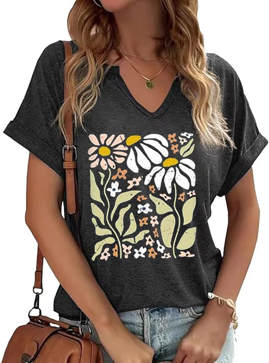 PUCKOLITY Vintage Flower V Neck Shirts Women Boho Floral Wildflowers T-Shirt Retro Wildflower Graphic T Shirts Summer Tee Tops（XL,4 Dark Grey）