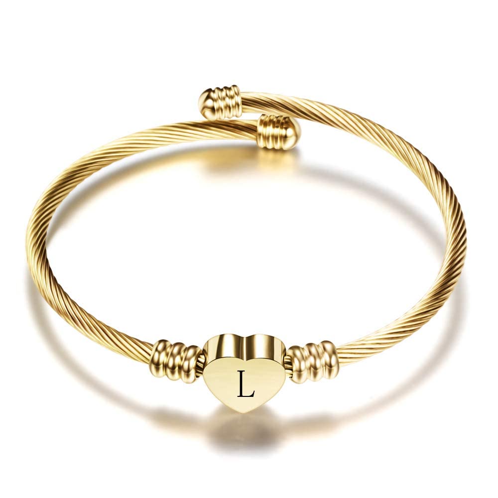 VQYSKO Gold Bracelets for Girls-A to Z Stainless Steel Heart Initial Girl Jewellery, Birthday Gifts for Girls (Gold - L)