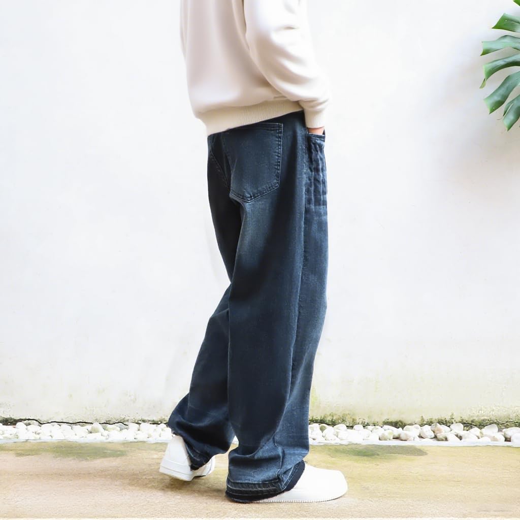 KODEIPLAY Stretch Jeans Men Barrel Relaxed Fit Baggy Stretchy Denim Jeans for Mens Loose Wide Leg Pants for Boyfriend