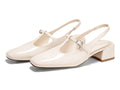Coutgo Womens Mary Jane Slingback Low Heels T Strap Chunky Heel Closed Toe Pumps Wedding Party Dress Shoes, Beige, Size 6