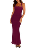 REORIA Summer Mesh Sheer Sleeveless Wedding Guest Maxi Dresses for Women Ruched Bodycon Square Neck Halter Tie Back Long Dress Cordovan Medium