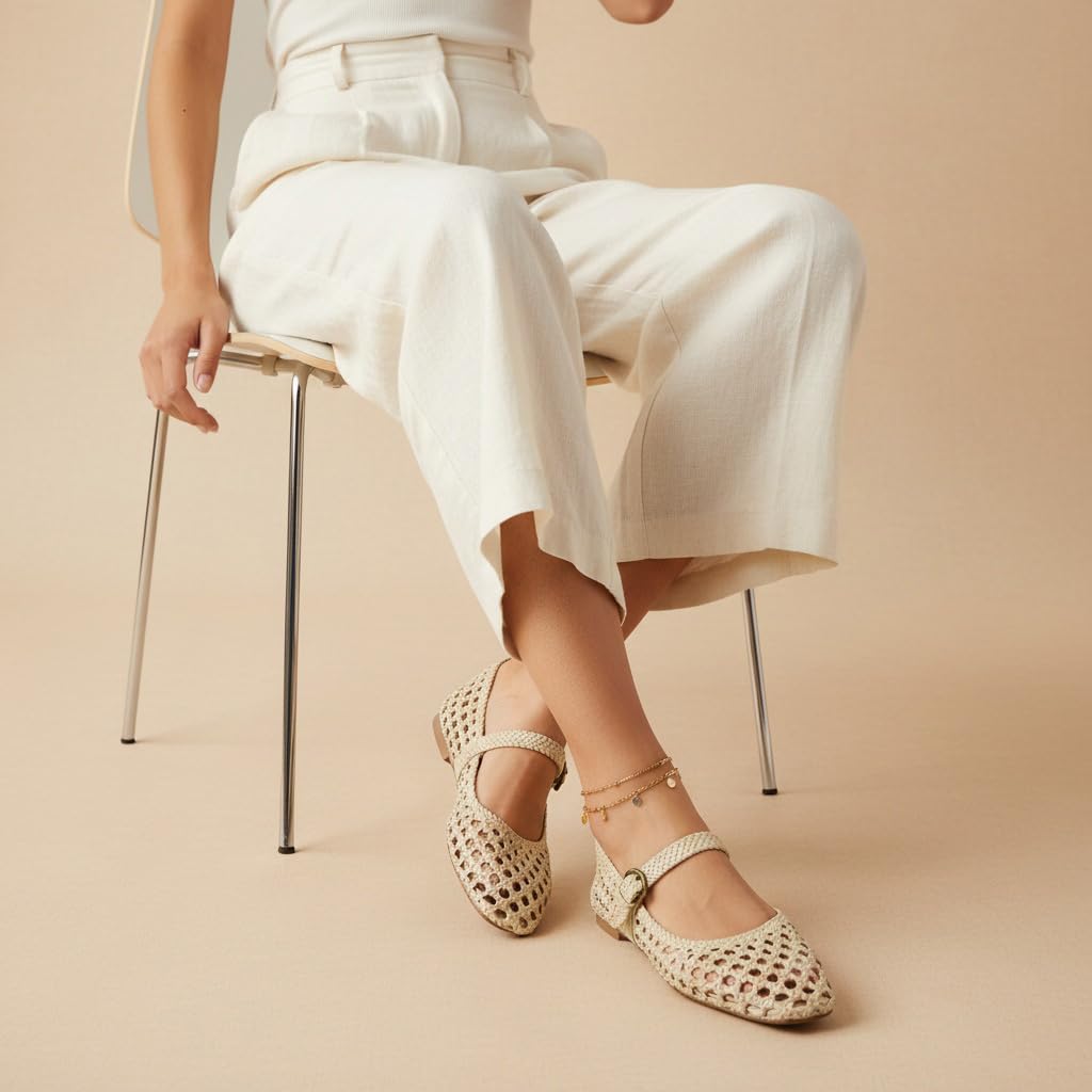 CUSHIONAIRE Weston Hand Woven Mary Jane Flats for Women, Comfortable Dressy Ballet Flats with Braided Adjustable Buckle and Memory Foam Cushioning, Wheat 9