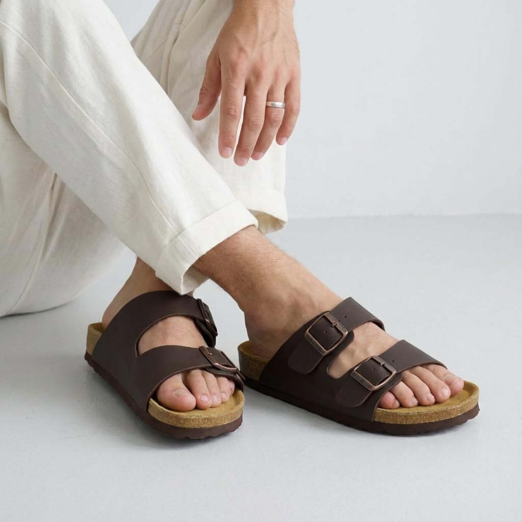 CUSHIONAIRE Lane Cork Footbed Mens Sandals, Adjustable Buckle Comfort Slides for Men, Genuine Leather Insole Summer Sandals Men Footwear, BROWN 13