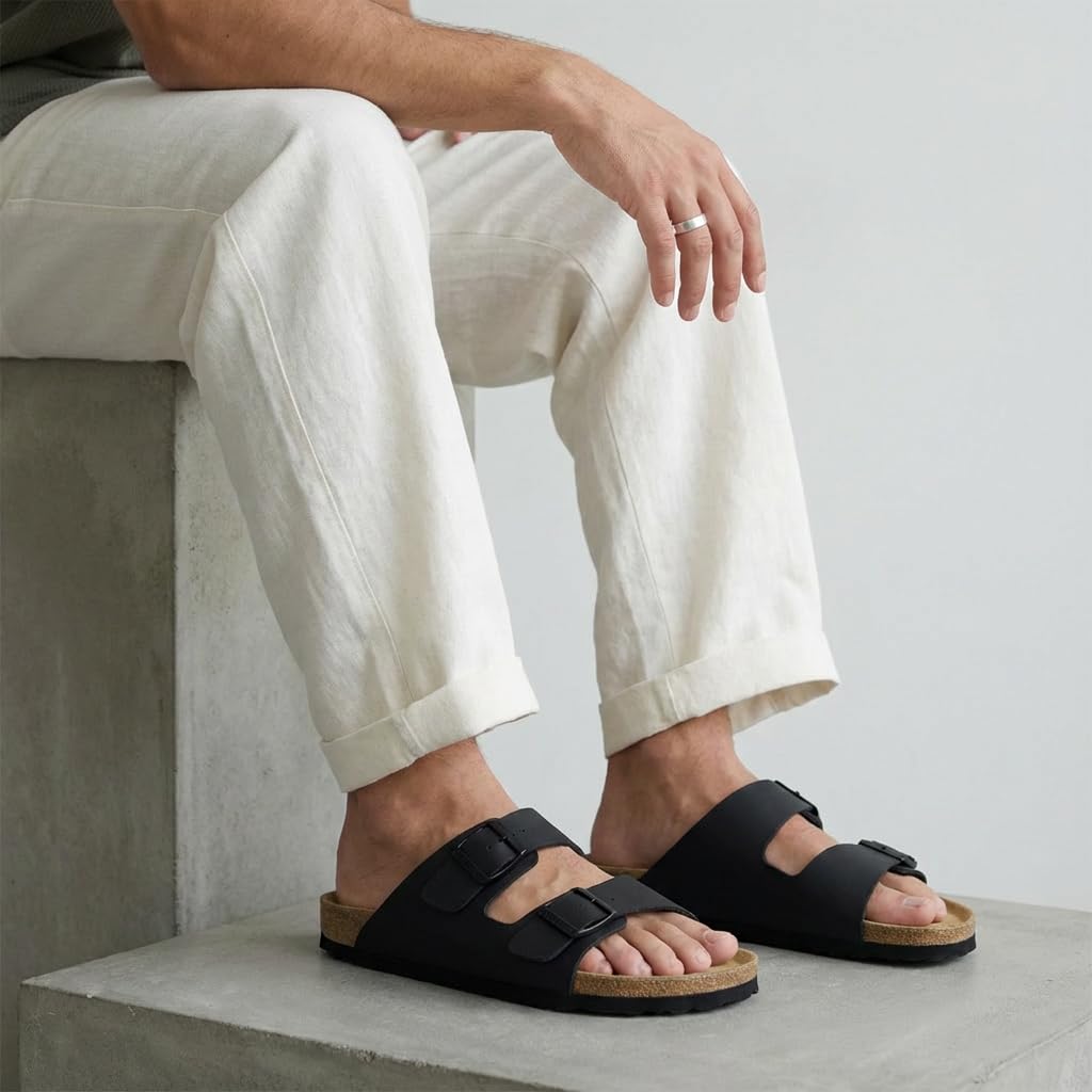 CUSHIONAIRE Lane Cork Footbed Mens Sandals, Adjustable Buckle Comfort Slides for Men, Genuine Leather Insole Summer Sandals Men Footwear, BLACK 10