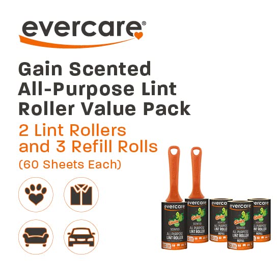 Evercare Gain Scented All-Purpose Lint Roller Value Pack with 2 Lint Rollers and 3 Refill Rolls, 60 Sheets Each