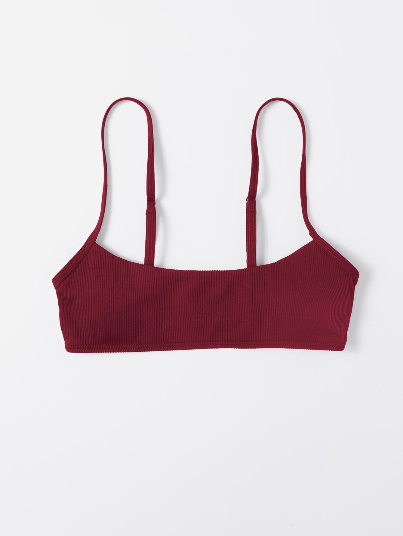 WDIRARA Women's Bandeau Swim Top Spaghetti Strap Ribbed Textured Wireless Bikini Tops Burgundy Medium