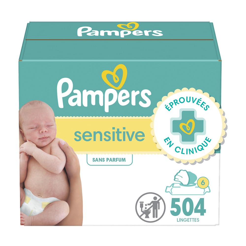 Pampers Baby Wipes Sensitive, Water Based Hypoallergenic and Unscented 504 Total (6 Flip-Top Packs)
