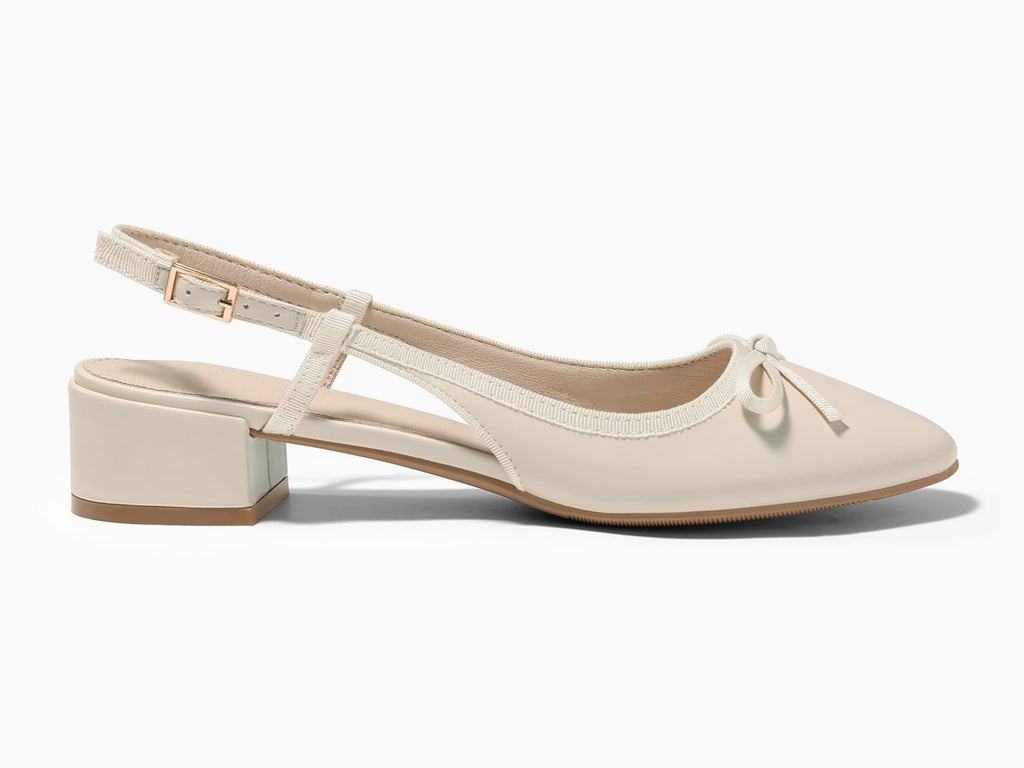 Coutgo Womens Chunky Low Heels Slingback Ballet Bow Pumps Closed Toe Wedding Dress Shoes, Beige, Size 8