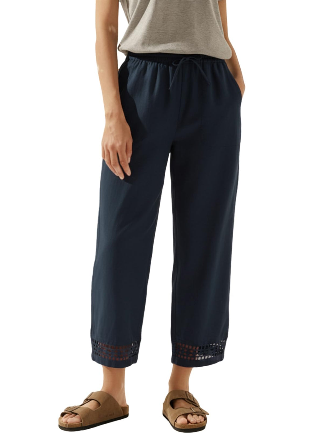 Acelitt Women Casual Linen Pants Fall Fashion 2026 Lightweight Drawstring Elastic Waist Beach Capri Pants Trousers with Pockets Blue Medium