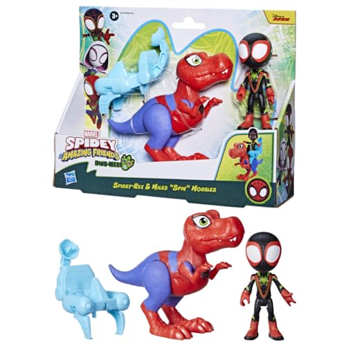 Marvel Spidey and His Amazing Friends Dino-Webs Spidey-Rex & Miles “Spin” Morales 4-inch-Scale Spider-Man Action Figure Set, Toys for Kids