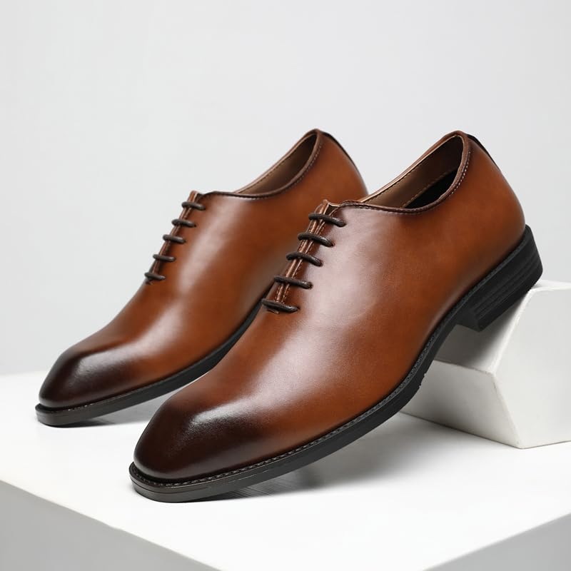 Ahico Men's Lace-Up Leather Shoes Classic Dress Shoes Oxford Shoes Formal Business Breathable and Comfortable, Casual and Work, Brown