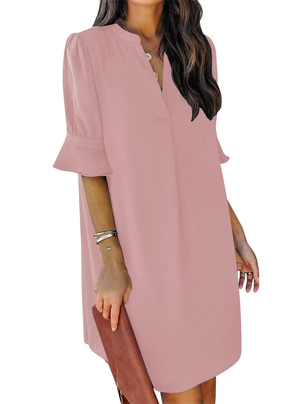 Wkior Elegant Dresses for Women V Neck Short Sleeves Casual Solid Color Summer Dress Gray Pink S