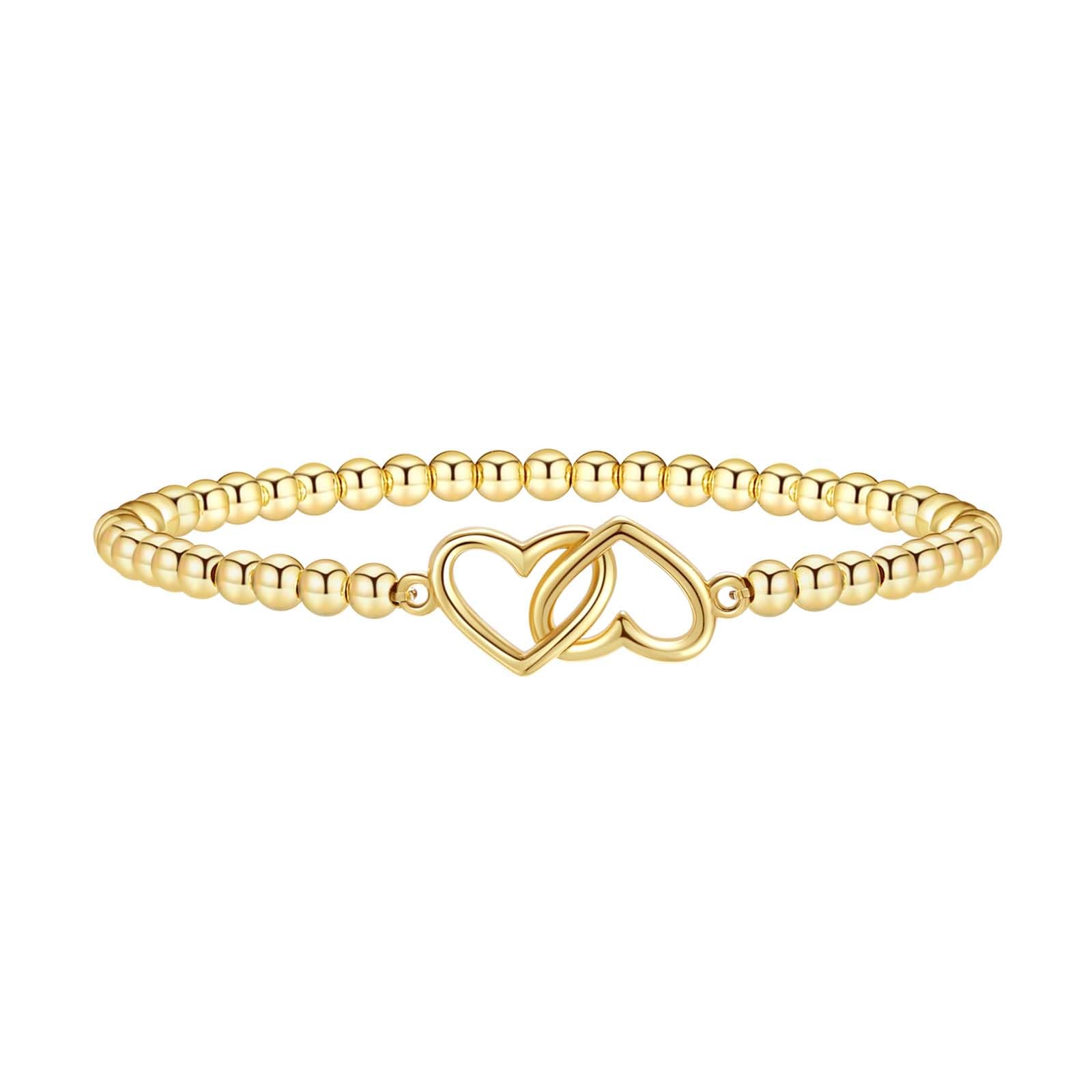 Valentines Day Gifts for Women Her - 14K Gold Plated Beaded Stretch Handmade Ball Bracelets Cute Charm Bracelet Dainty Stackable Jewelry Gifts Trendy Stuff