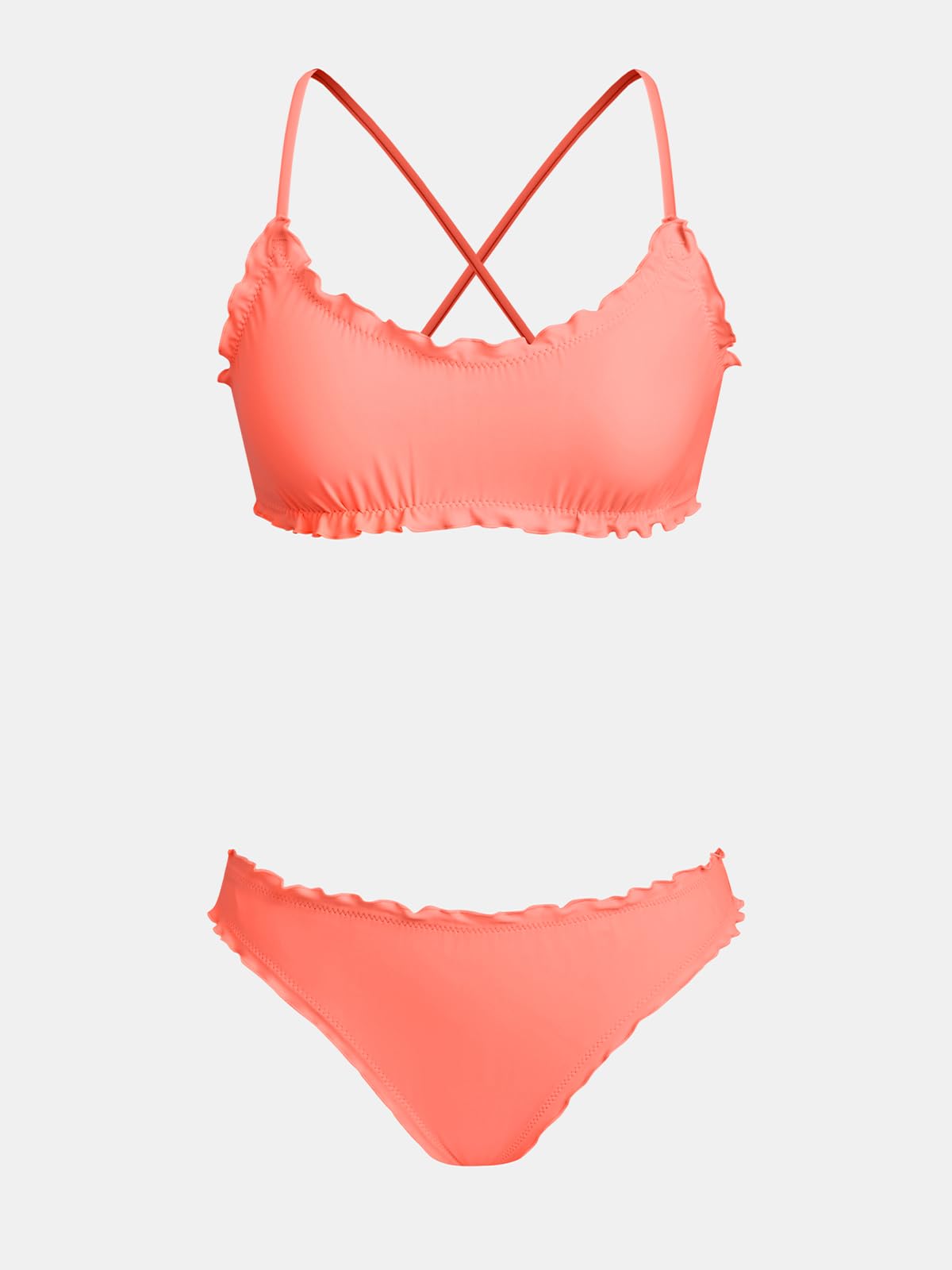 CUPSHE Women's Bikini Sets Two Piece Swimsuit Low Rise Bathing Suits Ruffled Scoop Neck Crossback Tie Cheeky, M Coral Pink