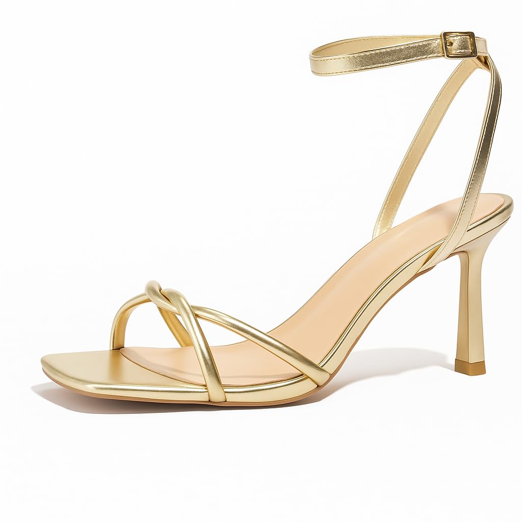 Oilyong Womens Sandals Strappy Kitten Heels for Women Square Open Toe Strappy Heels Comfortable Heels for Party, Wedding and Daily Wearing,Gold Szie 7