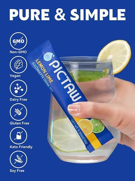 PICTAW Electrolytes Powder Packets - Hydration Packets, Liquid Daily IV Hydrate Packet for Dehydration Relief and Rehydration Portable, Electrolyte Drink Mix Vegan/Non-GMO (Lemon Lime 30 Pack)