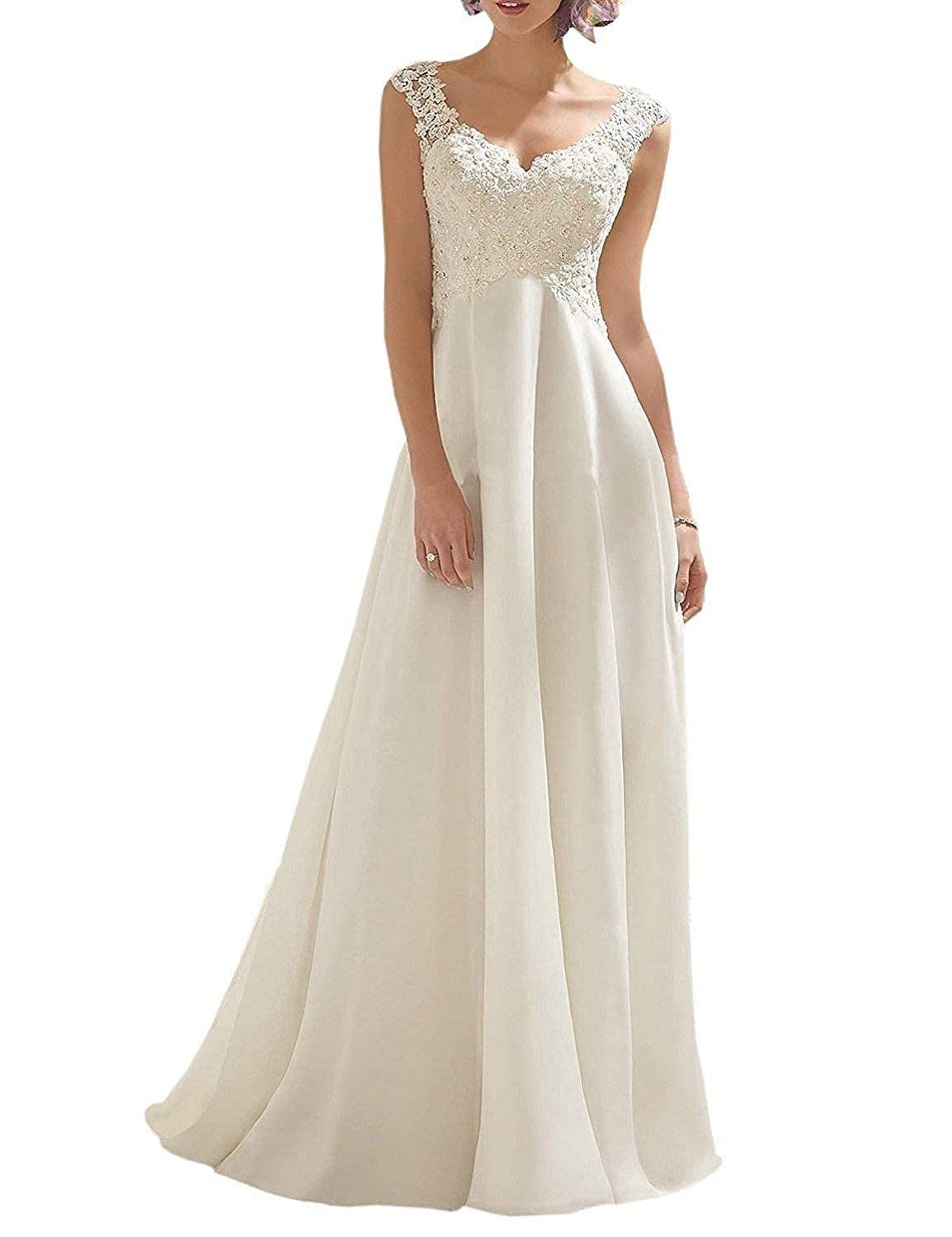Abaowedding Women's Wedding Dress Lace Double V-Neck Sleeveless Evening Dress Off-White US 8