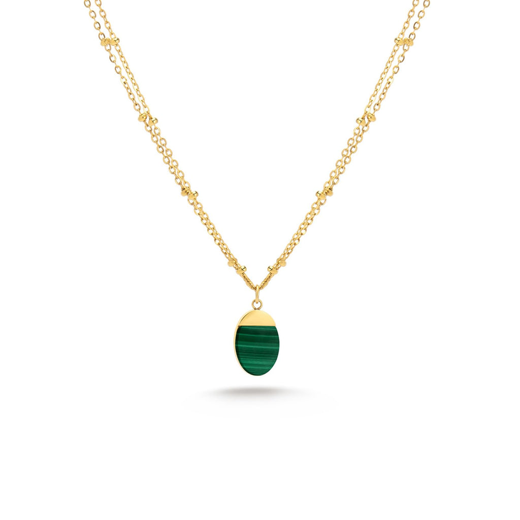 Milan Chiva 14K Gold Plated Green Malachite Layered Stacked Necklace for Women, Dainty Trendy Non Tarnish Oval Pendant Charm Necklaces Fashion Jewelry for Women Waterproof MNS-1009GN