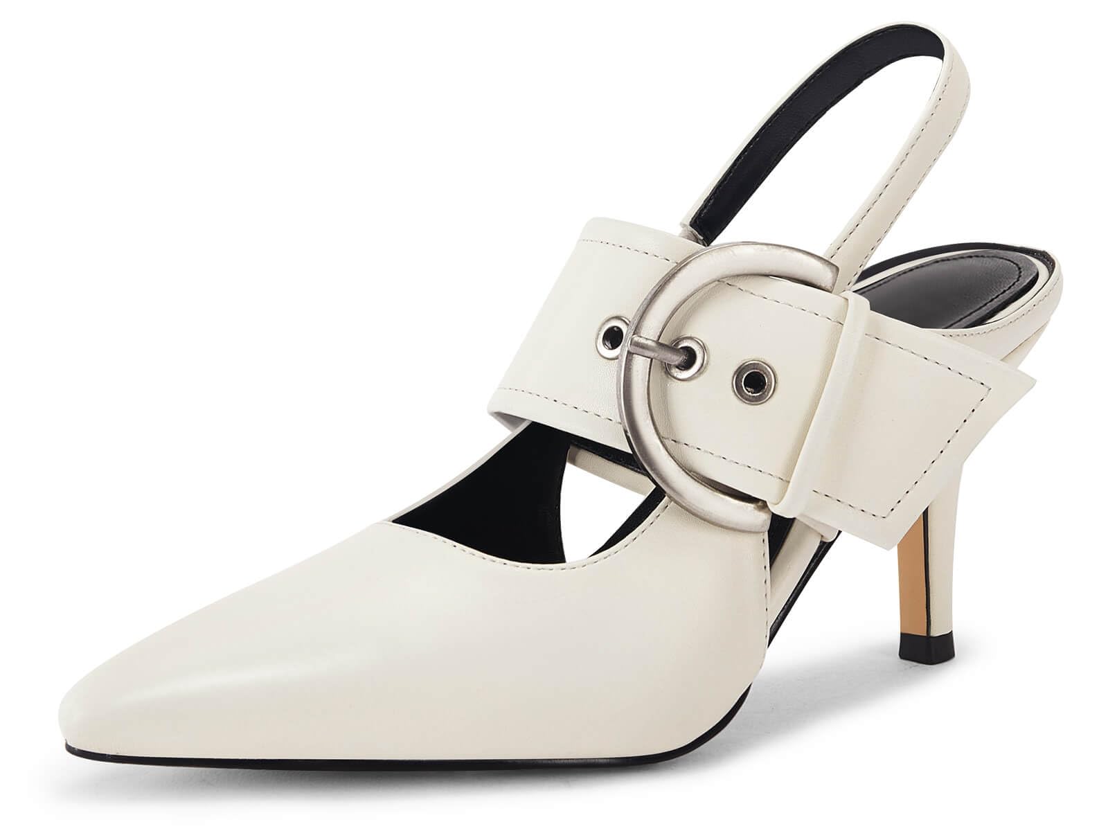 Coutgo Womens Slingback Pumps Closed Pointed Toe High Heels Belt Buckle Strap Dressy Work Shoes, Beige, Size 8.5