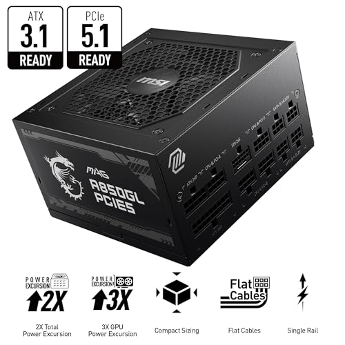 MSI MAG A850GL PCIE5, Fully Modular Compact Gaming 850W Power Supply, 80+ Gold, ATX 3.1 & PCIe 5.1 Ready, Native Dual-Color 12V-2x6 Cable, 10 Year Warranty