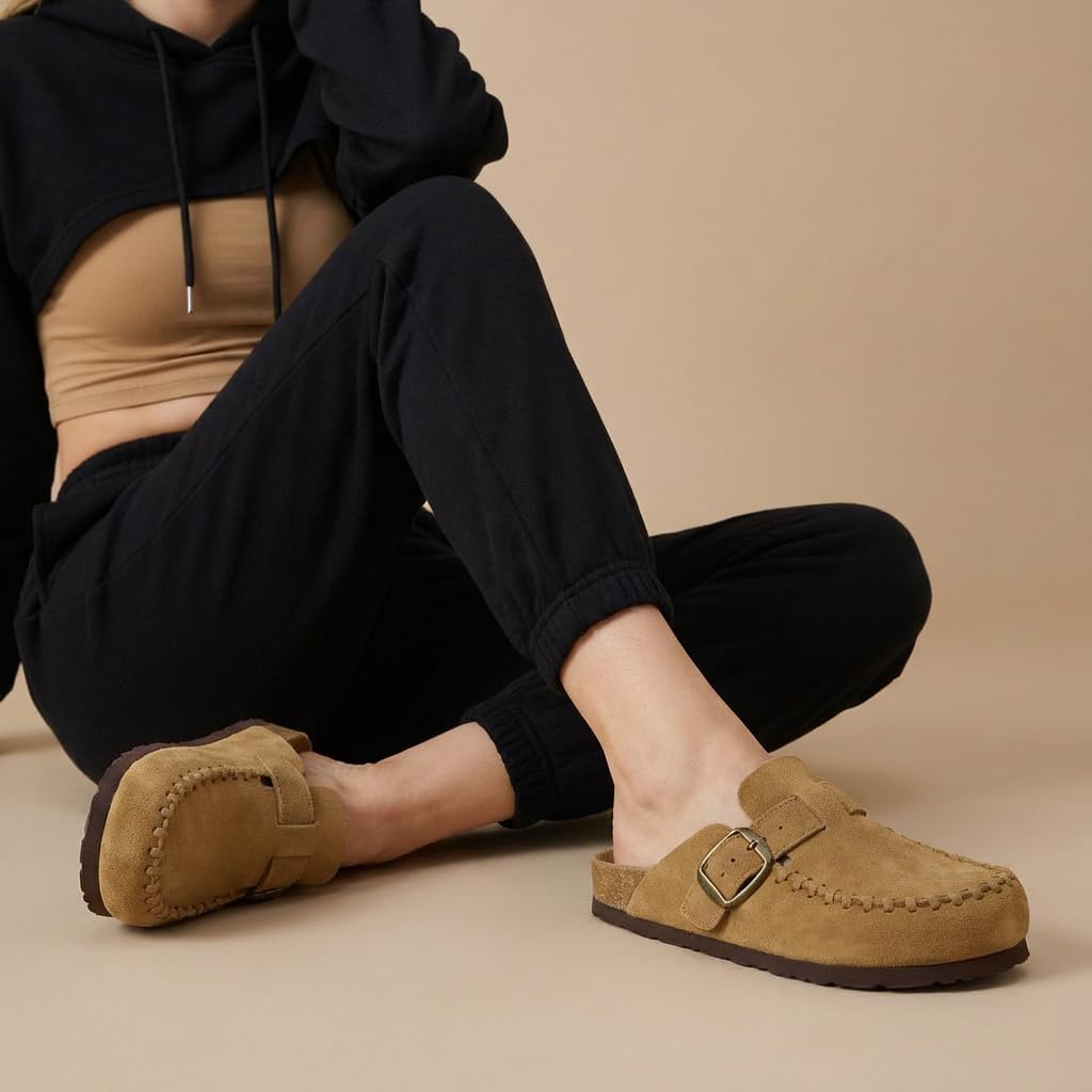 CUSHIONAIRE Canoe Genuine Suede Clogs for Women Footwear with Moc Toe Design – Casual Slip On Womens Shoes, CAMEL 8W