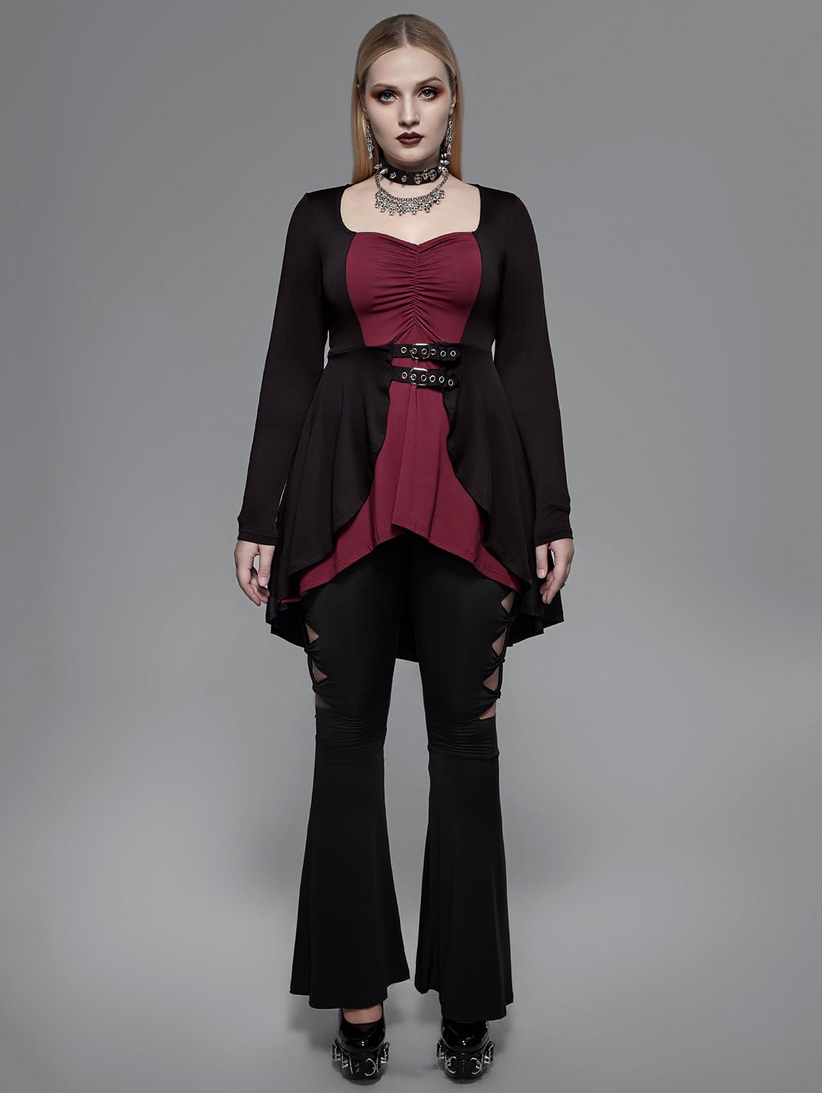 ROSE GAL Womens Plus Size Gothic Lace-up Back Two Tone Ruched Grommets Buckle Long Sleeve High Low Hem Tunic T-Shirt(Red_1/1X)