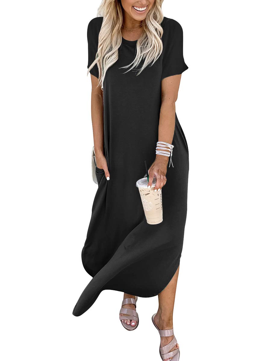 ANRABESS Womens Summer Maxi Dress Short Sleeve Casual Loose Long T Shirt Dresses Split Vacation Beach Sundress Travel Outfits Black X-Large