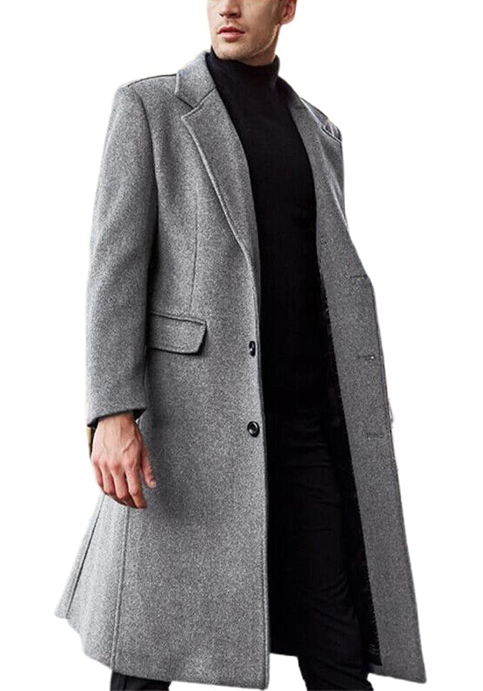 chouyatou Men's Fall Winter Office Single Breasted Long Dress Wool Coat Overcoat (Large, Grey)