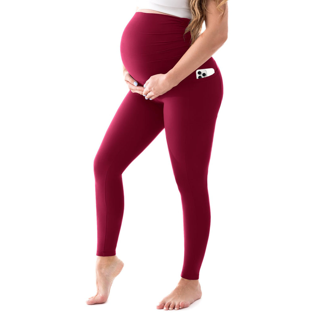 Walifrey Women's Maternity Leggings with Pockets Over The Belly,Pregnancy Yoga Pants Activewear Workout Leggings Burgundy M
