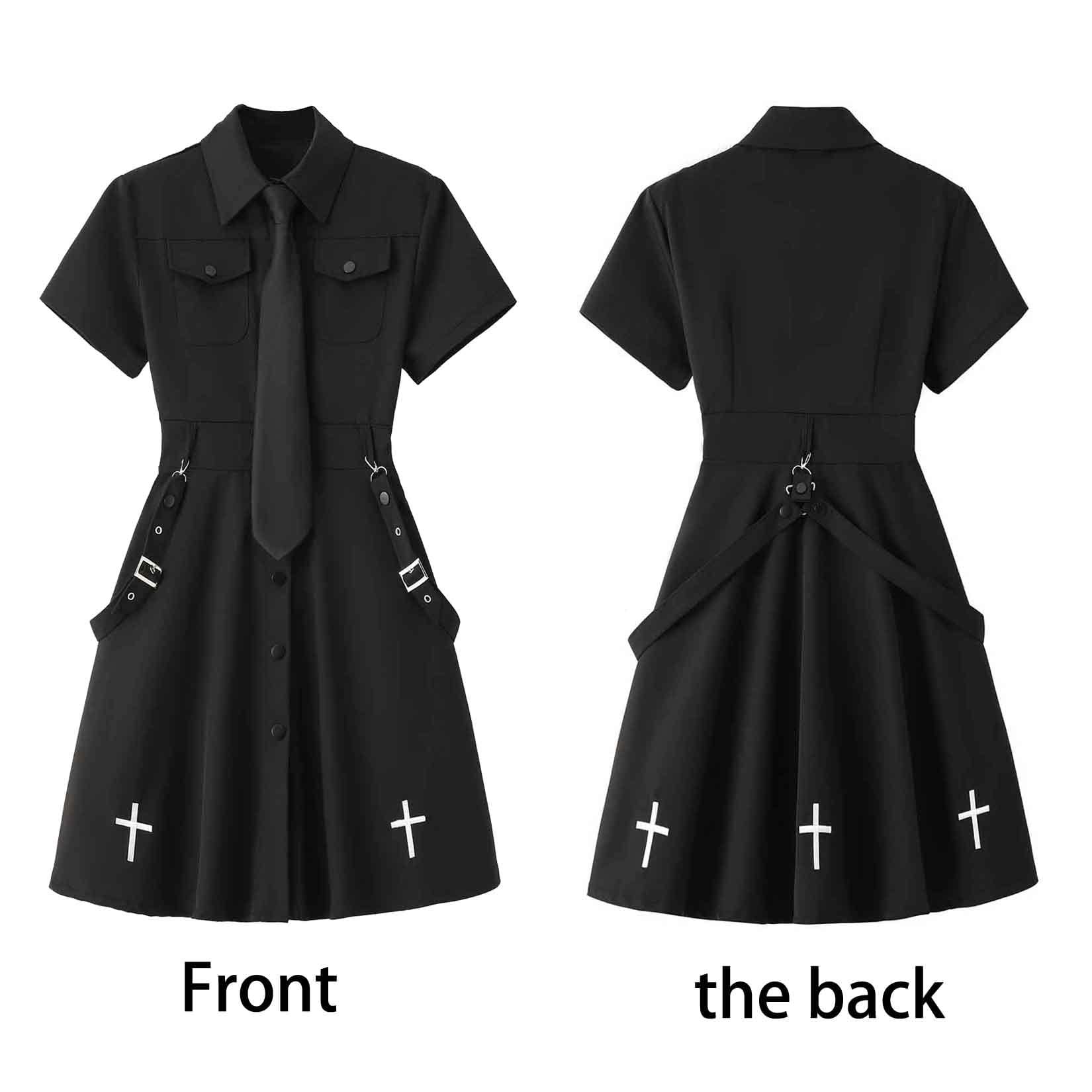 Gothic Black Summer Academy Tie Cross Black Retro Dress Harajuku Dress Emo Clothes (L,Large)