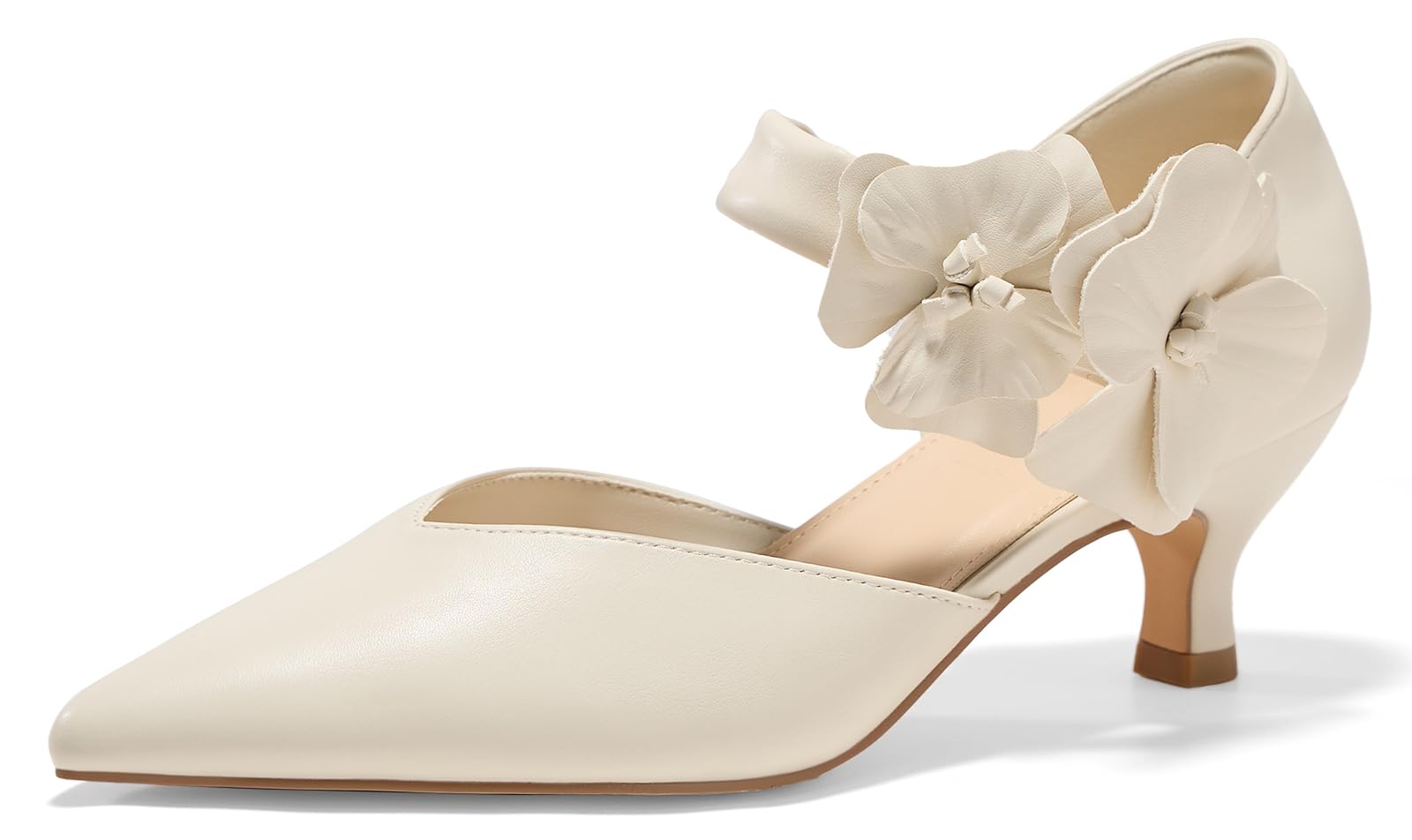 GotSoft Womens Low Kitten Heels Pointed Toe Slip on Pumps Flower Ankle Strap Elegant Party Wedding Dress Shoes, Beige, Size 8.5