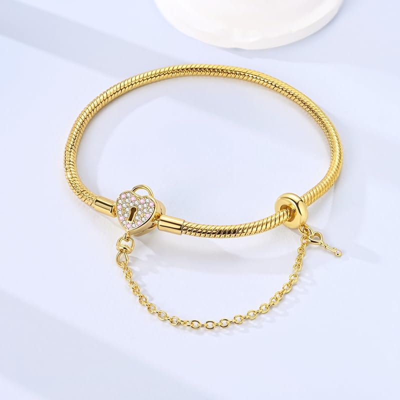 BEVALY 19cm Gold Heart Key and Padlock Charm Bracelet 925 Sterling Silver Bead Bracelet with 5A Cubic Zirconia for Women Gift for Friend
