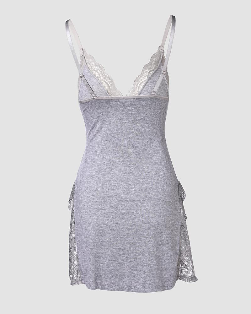 CHICME Women's Lace Trim Side Slit Modal Cami Sleep Dress Loungewear Cute Night Gowns for Women Gray-M