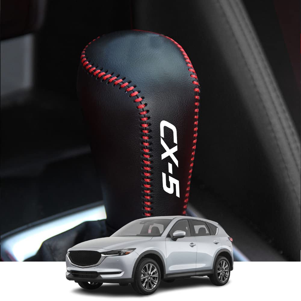 Kakash Custom Interior Accessories for Mazda CX-5 2017 2018 2019 2020 2021 2022 Leather Automatic Gear Shift Knob Cover,Transimission Boots Shift Lever Leather Sheath(Red Stitches)