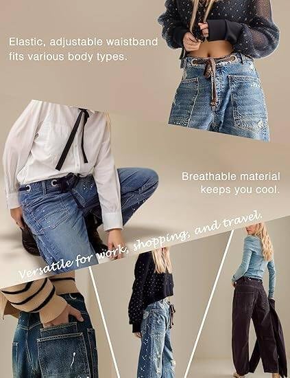 Mewunan Womens Pull-On Barrel Jeans Mid-Low Rise Boyfriend Drawstring Ankle Baggy Elastic Waist Stretchy Boho Denim Pants