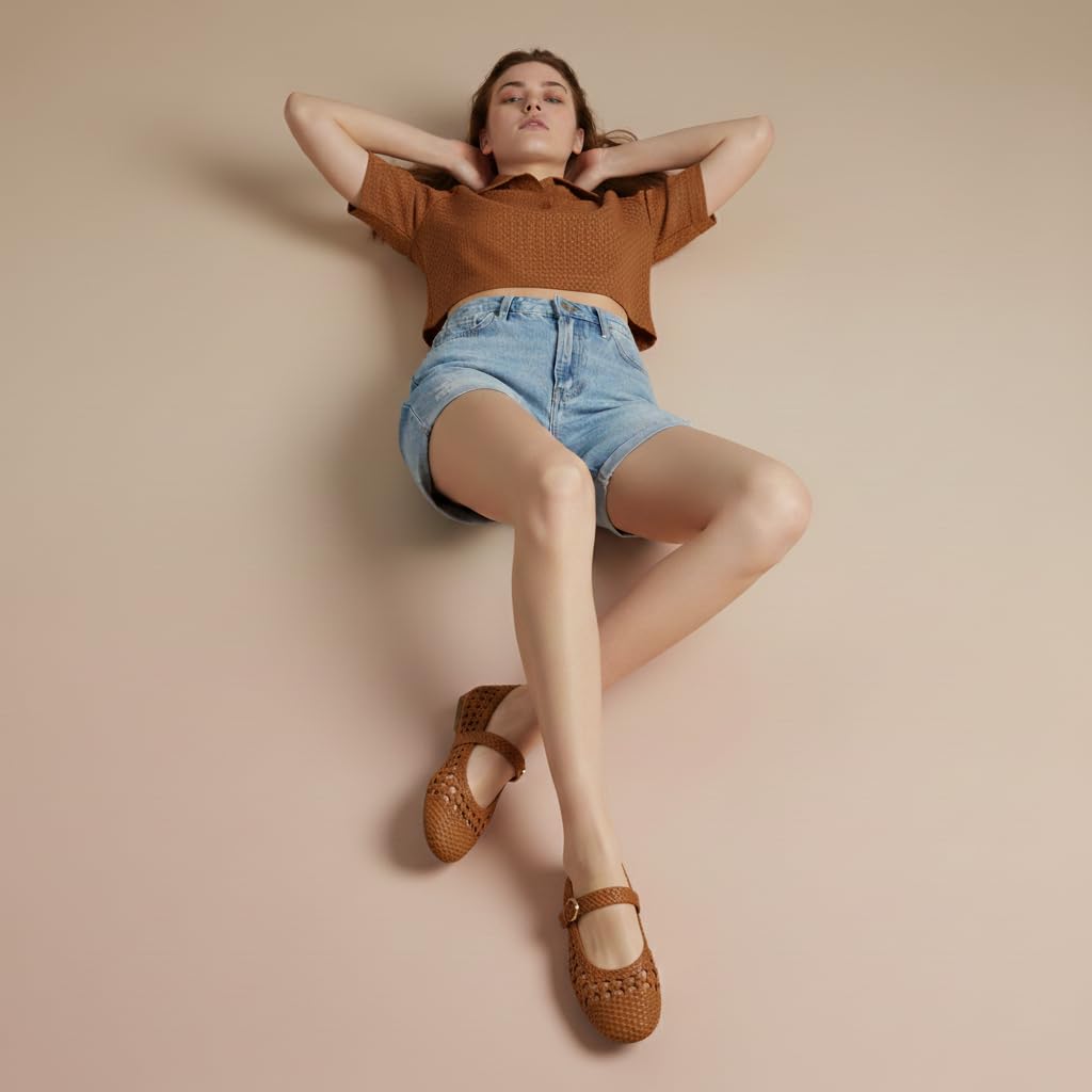 CUSHIONAIRE Windsor Woven Womens Flats with Adjustable Strap – Comfortable Mary Jane Ballet Flats for Women, Cognac 8.5