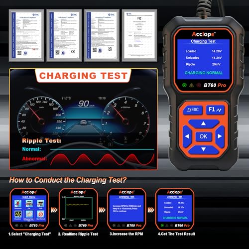 Acclope BT60 PRO Car Battery Tester 6V/12V/24V, 2–120Ah, 100–3000 CCA, Alternator & Starter/Charging System Analyzer, Automotive Load Test, QR Cloud Report (No App), for Car Truck Motorcycle Marine/RV