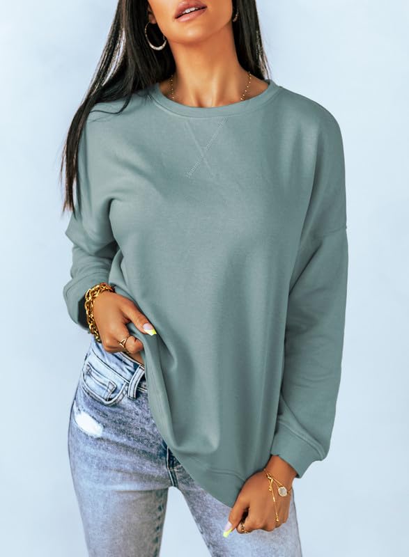 Dokotoo Womens Casual Long Sleeve Crewneck Sweatshirt Loose Fit Solid Basic Comfy Pullover Tunic Shirts Tops Blouse Side Split Fall 2026 Fashion Blue Small