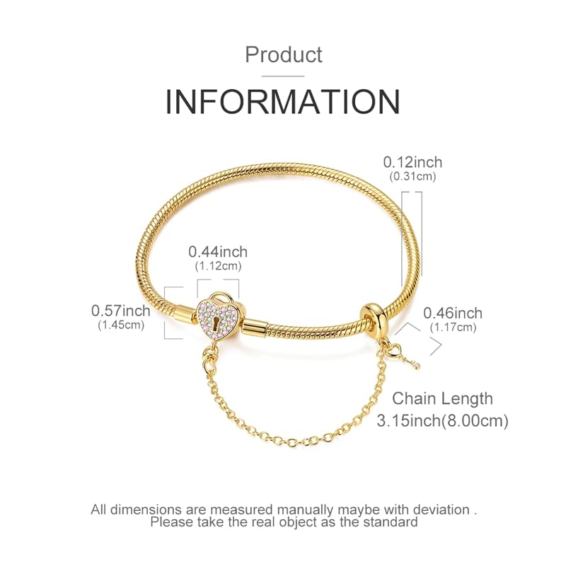 BEVALY 19cm Gold Heart Key and Padlock Charm Bracelet 925 Sterling Silver Bead Bracelet with 5A Cubic Zirconia for Women Gift for Friend