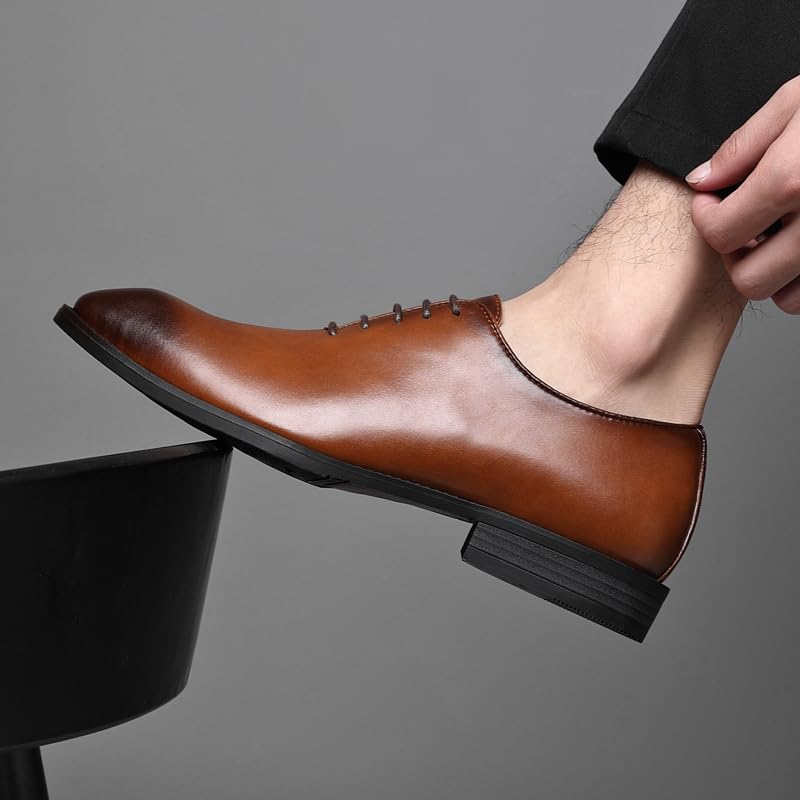 Ahico Men's Lace-Up Leather Shoes Classic Dress Shoes Oxford Shoes Formal Business Breathable and Comfortable, Casual and Work, Brown
